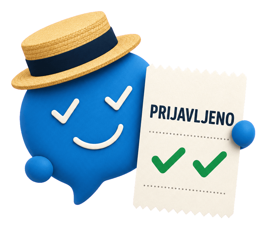 Vito, nasmijani plavi lik sa slamnatim šeširom, drži račun s natpisom PRIJAVLJENO.